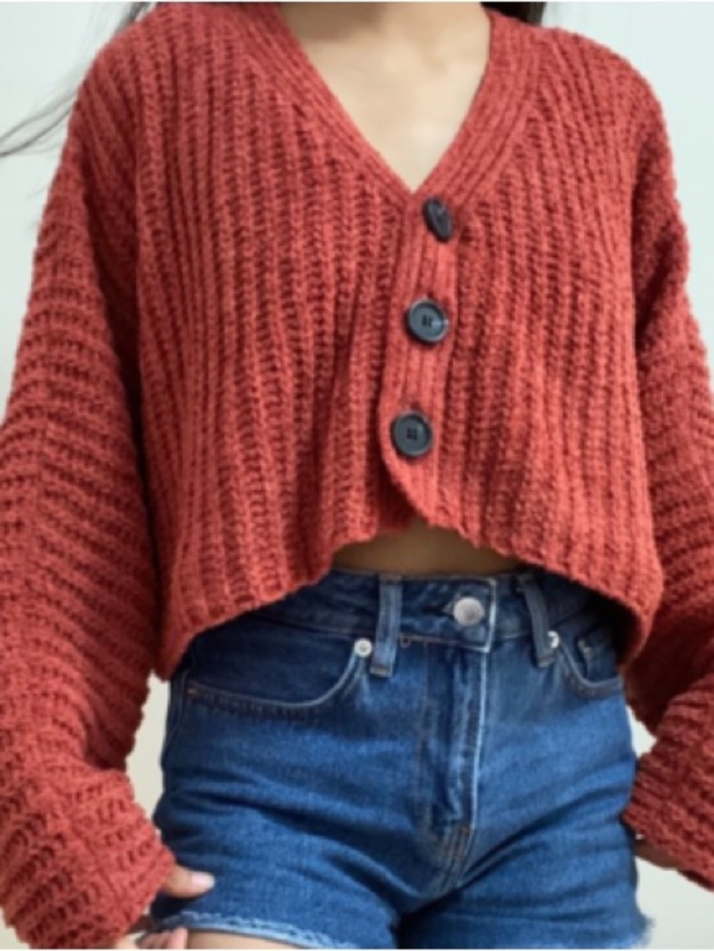 Urban Outfitters Cropped V-Neck Chunky Cardigan in Rust